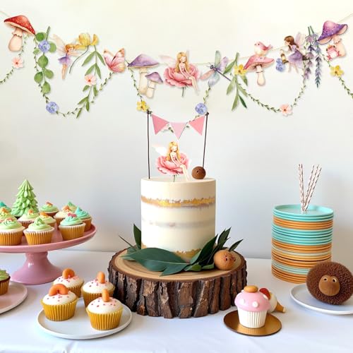 Image of Fairy Party Banner, Fairy First Birthday Party Decorations, Mushroom Flower Banner for Baby Shower Garden First Fairies Tale Theme Girls Birthday Wedding Decor