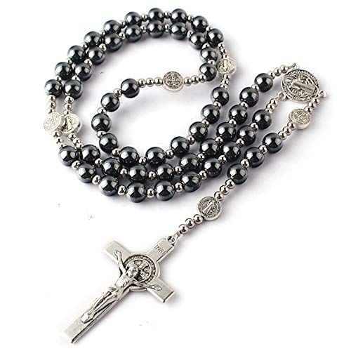 Hanlincc 8Mm Hematite Rosary Black Stone Beads With 4Mm Stainless Steel Beads And St.benedict Metal Beads Rosary Necklace With Medal & Cross For Men And Womens (St. Benedict Rosary On Steel Wire) #TOP2