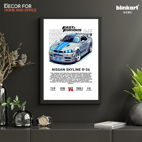 Image of BLINKART Nissan Skyline GT-R R34 CarFramed Posters Gift Items Boys Room Wall Decoration Bedroom Office Studio Synthetic Wood Frame & Acrylic Glass Ready to Hang - 12x8 Inch, (A4 Size) - CAR-266