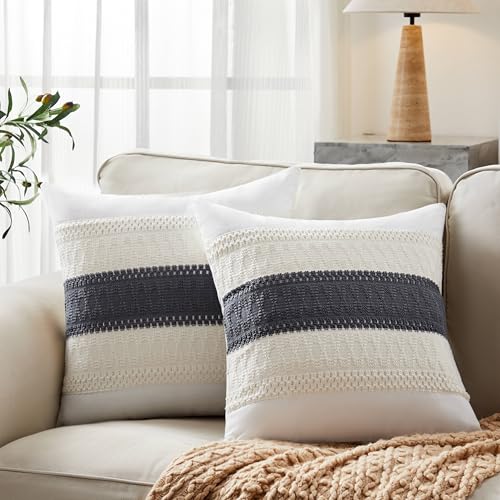 YZJZEDS Soft Cotton Boho Throw Pillow Covers Set of 2, Natural White/Contrast Charcoal 20x20 Inch, Grey Farmhouse Decorative Cushion Covers for Sofa Bed Living Room Home Decor