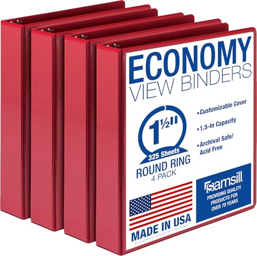 Samsill 1.5 Inch 3 Ring Binders Economy Round Ring Clear View Cover 325 Sheet Capacity - for School Home Office - Red 4 Pack