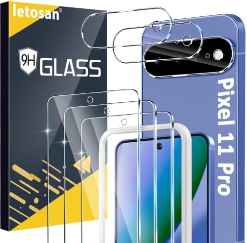 letosan 3 Pack for Google Pixel 11 Pro Screen Protector Tempered Glass + 3 Pack Camera Lens Protector, Military Grade Shatterproof, 9H Hardness, Fingerprint Unlock,Case Friendly 6.3 Inch - 1