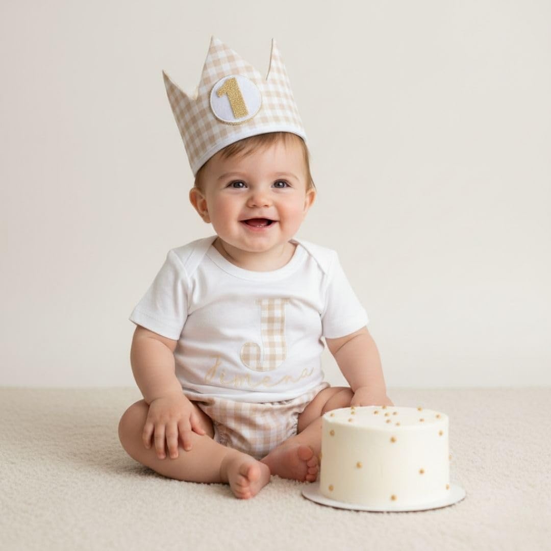 Genérico - Conjunto Cumpleaños 1 año Personalizado - Camiseta con nombre Bebé - Regalo primer cumpleaños - Smash Cake - Corona cumpleaños