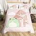 Cute Frog Duvet Cover Pink Plaid Background Bedding Set Cartoon Mushroom Comforter Cover for Boys Girls Kids Room Decor Kawaii Lightweight Bedspread Cover Twin Size with 1 Pillow Case