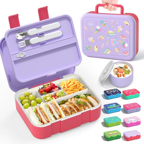 Lehoo Castle Fiambrera Infantil y Antigoteo para Niños, 1250ml - Fiambrera Chica Bento Box con Tenedor, Cuchara, 5 Compartimentos y Salsero (Helado)