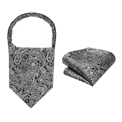 Image of HISDERN Ascot Ties for Men Paisley Floral Ascot and Pocket Square Set Classic Self Tie Mens Cravat Handkerchief for Wedding