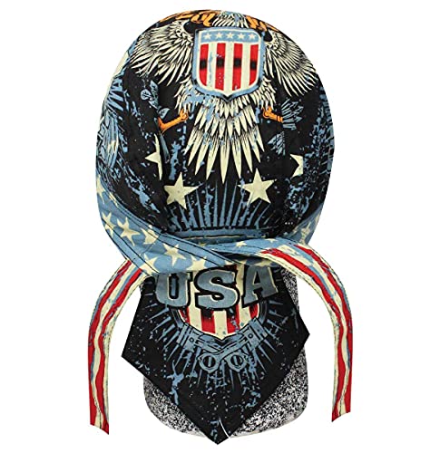 American Iron USA Eagle Distressed Flag Skull Piston Head Wrap Durag Doo Rag Biker Skull Cap Hat Helmet Liner Moisture Wicking Sweatband Grey