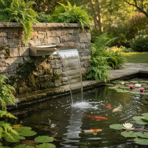 Cascada para estanque de jardín de 30cm y panel de acero inoxidable 4