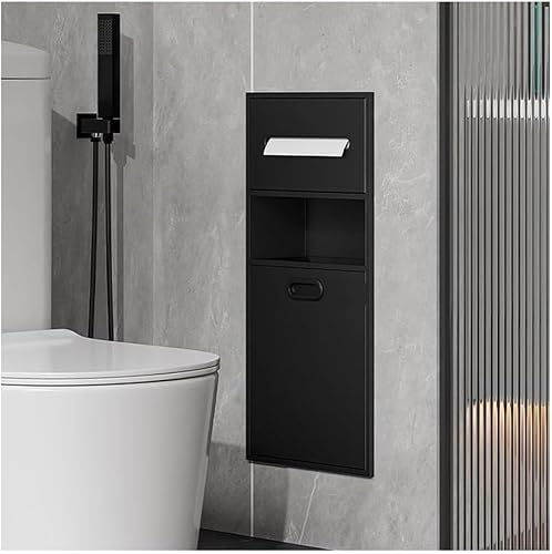 MYUYEE Stainless Steel Shower Niche With Trash Bin, Recessed Wall Organizer, Double-Layer Vertical Shelf For Bathroom Storage (Black 30X65X14Cm)