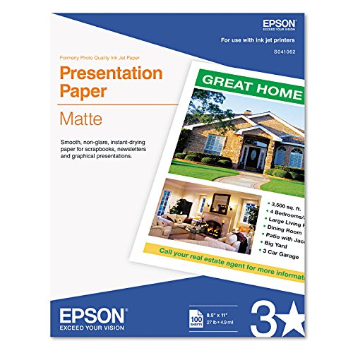 Epson S041062 Matte Presentation Paper, 27 lbs., Matte, 8-1/2 x 11 (Pack of 100 Sheets),White