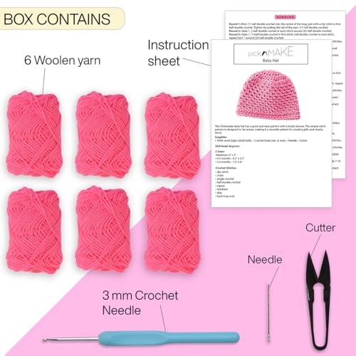 Image of picknMAKE DIY Crochet Set of Baby Beanie Hat Kit for Beginners Adult- Includes Pink Wool, 3mm Crochet Hook, Needle, Cutter & Step-by-Step Instructions
