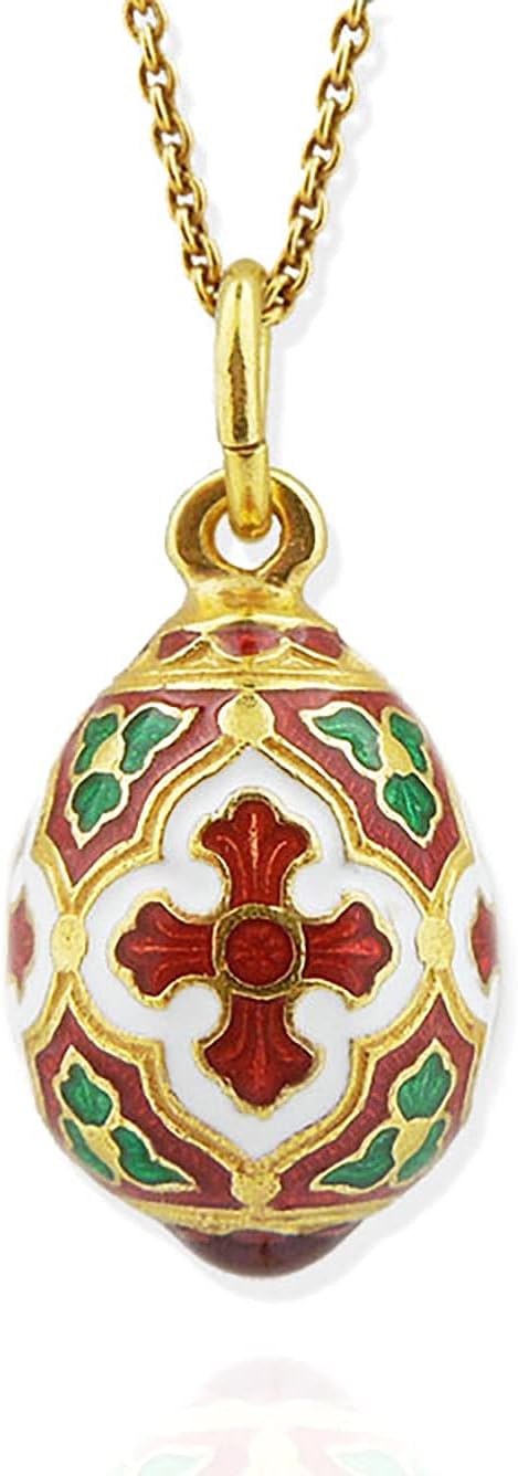 Egg Pendant With Cross Miniature Egg Sterling Silver 925 Gold Tone Hand Enameled, 3/4 inch