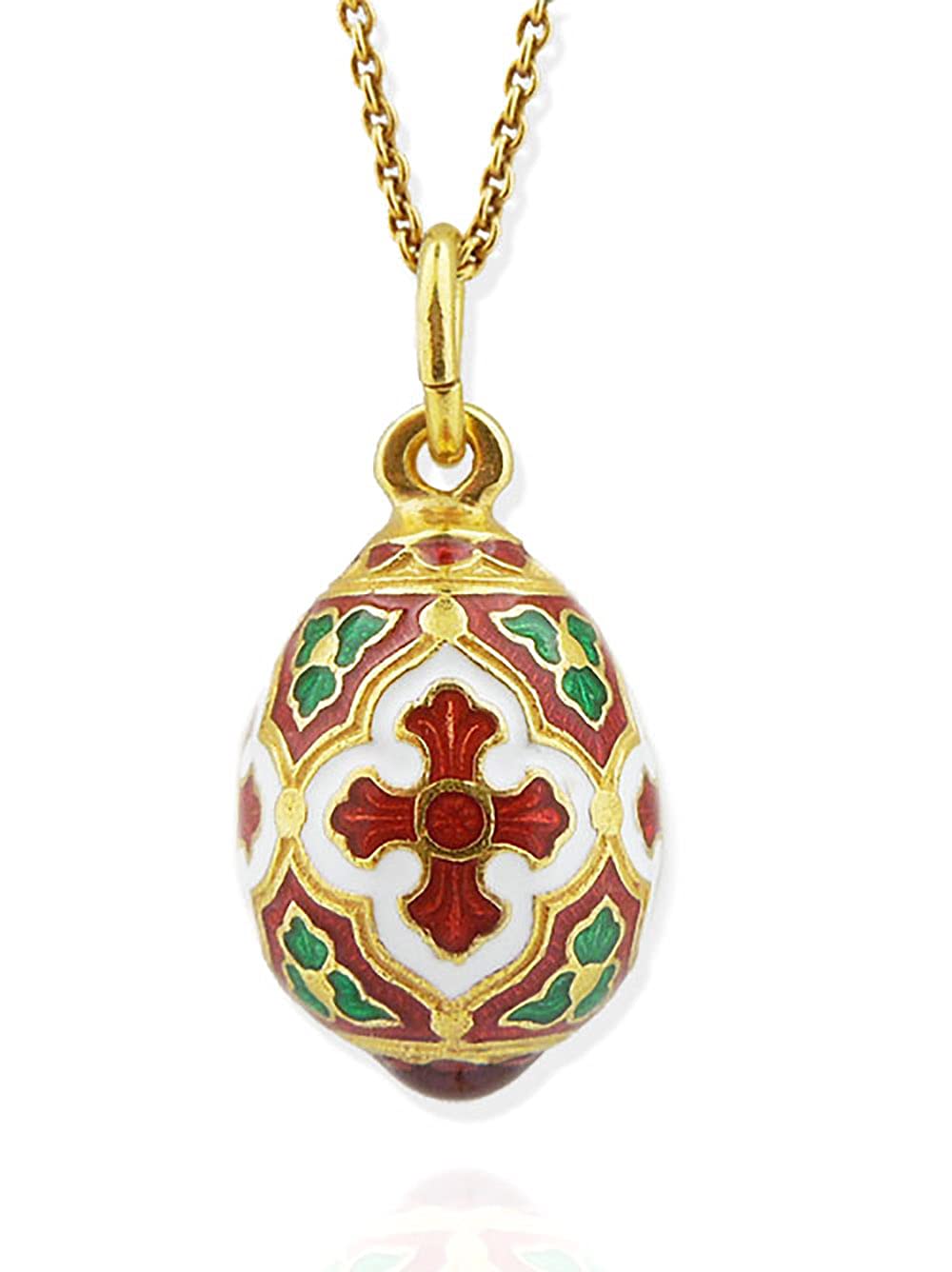 Religious GiftsEgg Pendant With Cross Miniature Egg Sterling Silver 925 Gold Tone Hand Enameled, 3/4 inch