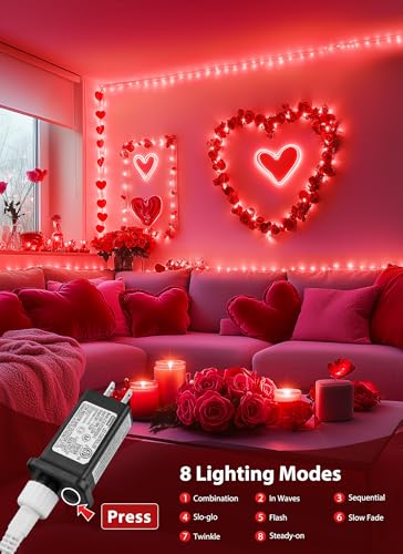 Image of Red Christmas Mini Lights, 39Feet 100 LED Red String Lights with 8 Lighting Modes, Connectable Valentine's Lights for Indoor Outdoor Valentine's Day Garland Wreath Holiday Decoration, White Wire