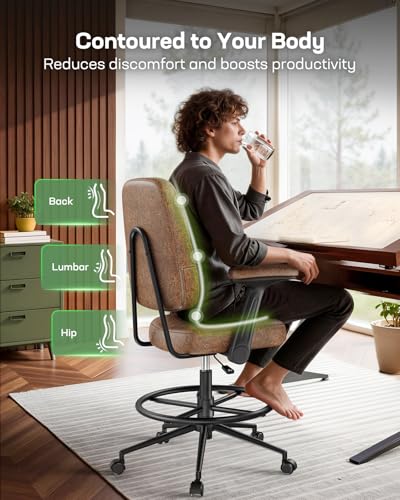 Image of Marsail Ergonomic Drafting Chair for Standing Desk, 330lbs Heavy Duty Tall Office Chair with Adjustable Foot Ring & Flip-Up Arms, Comfort Brown Leather, 3.5 inch Thick Cushion