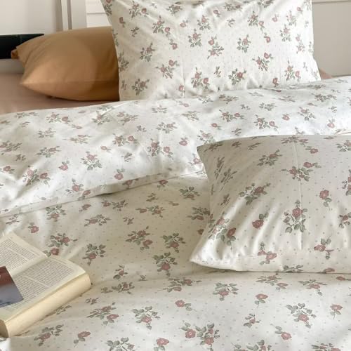 Image of MKXI Garden Floral Duvet Cover Peach Blossom Aesthetic Bedding White Print Duvet Cover Pink Floral Queen Size Cottagecore Soft Bedding 100% Cotton