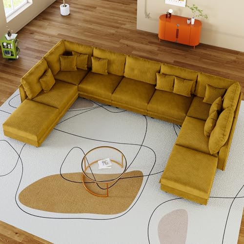 Image of LLappuil 137 inch Modular Sectional Sofa with Storage, U Shaped 9-Seat Pet-Friendly Corduroy Couch with 9 Throw Pillows, Convertible Sofa Set for Living Room, Scratch Resistant, Yellow