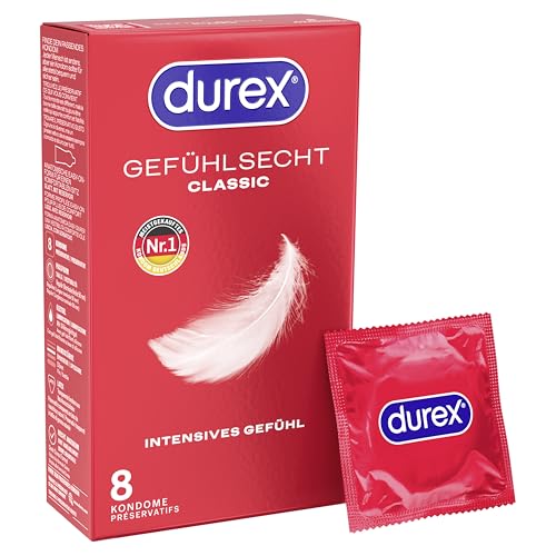 Durex Gefühlsecht Classic Kondome – Dünne Kondome mit anatomischer Easy-On-Form & mit Silikongleitgel befeuchtet – 8er Pack (1 x 8 Stück)