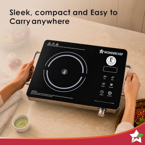 Image of Wonderchef Evita Neo Infrared Electric Cooktop with Crystal Glass for Kitchens, 2200W, BBQ Grill Included, 4 Pre-set Functions, Compatible with Steel, Ceramic, Cast-iron, Aluminium, 2-Yr Warranty