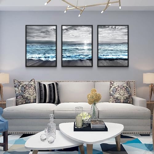 Black Framed Wall Decorations For Living Room Large size 3 Piece Framed Canvas Wall Art Black And White Wall Painting Blue Ocean Sea Wave Pictures Artwork For Modern Beach Posters Home Decor