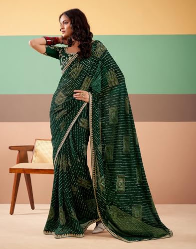 Image of SIRIL Women's Georgette Bandhani Printed, Embroidery Lace Saree With Unstitched Blouse Piece