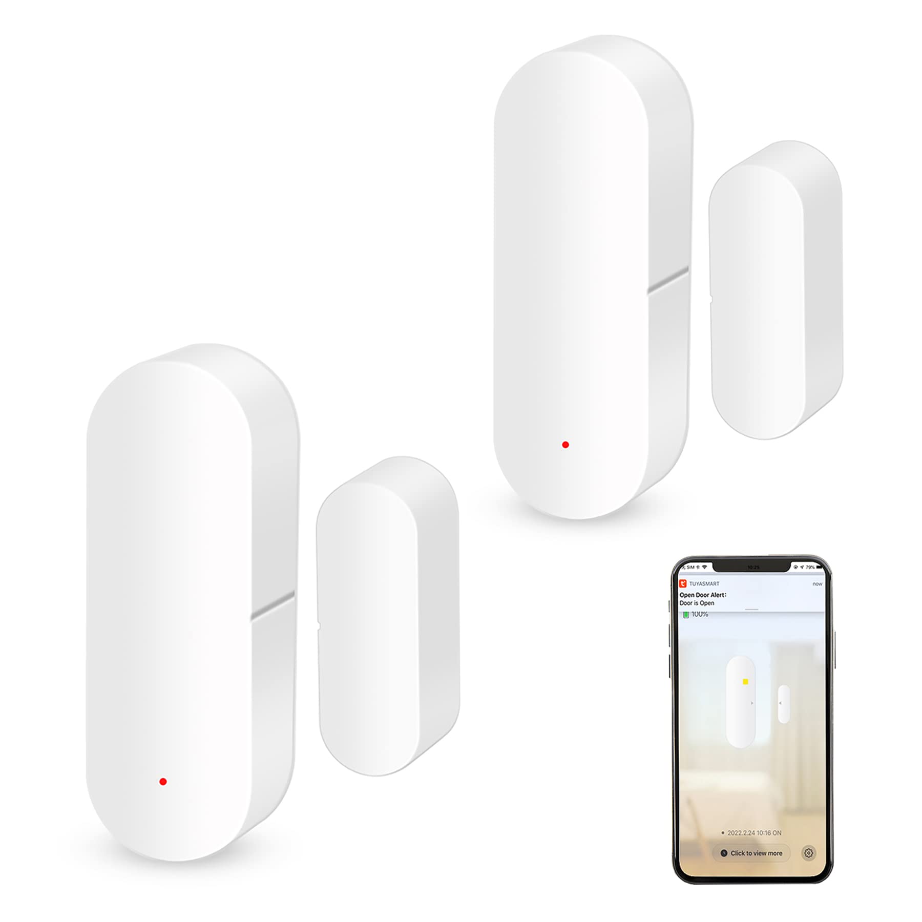 Lot de 2 capteurs de porte WiFi : capteur de contact de fenêtre intelligent, alertes d'application gratuites, programmable avec les appareils Tuya/Smart Life pour la sécurité à domicile et