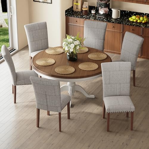 Image of COLAMY Upholstered Parsons Dining Chairs Set of 6, Fabric Dining Room Kitchen Side Chair with Nailhead Trim and Wood Legs - Boho
