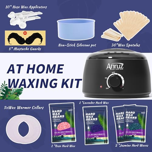 Image of Anruz Waxing Kit for Women Men - Wax Kit for Hair Removal with Silicone Bowl,4 Bags Hard Waxing Beads and 40 Sticks - at Home Use Wax Warmer for Full Body, Bikini, Eyebrow, Face, Sensitive Skin