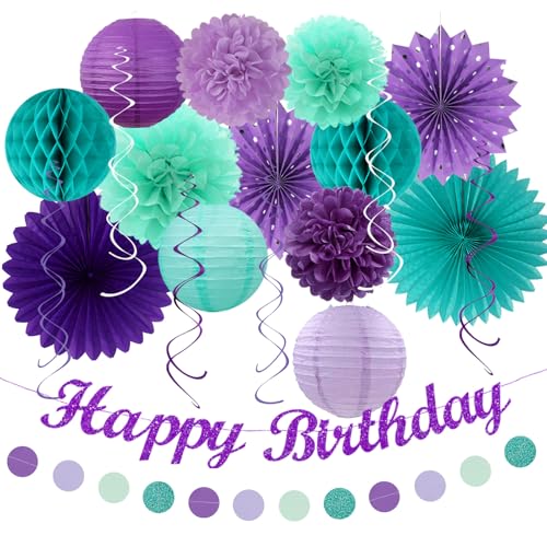 Image of Teal-purple Lavender Girl Mermaid-birthday Party-decorations - 21pcs Happy Banner,Under The Sea Ocean Paper Lanterns Honeycomb Streamers,Tissue Pom Poms Flower Fan,Classroom Hanging Decor Huglony
