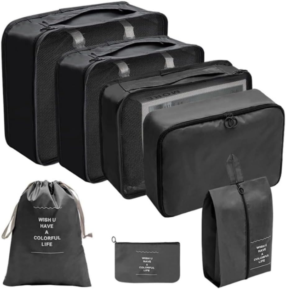 Kit 7 Organizadores de Mala para Viagem Nylon Resistente à Água com Tela Respirável e Zíper Leve Dobrável Bolsas para Roupas Íntimas Sapatos Acessórios Cabos Organização de Bagagem (PRETO)