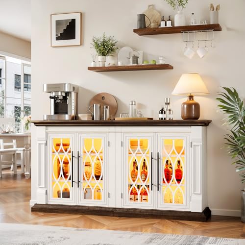 HolliWill 60 inch Farmhouse Buffet Sideboard Cabinet with 4 Glass Doors, Coffee Wine Bar Storage Cabinet with LED Lights, Buffet Table with Adjustable Shelves for Dining Room, Kitchen, Living Room