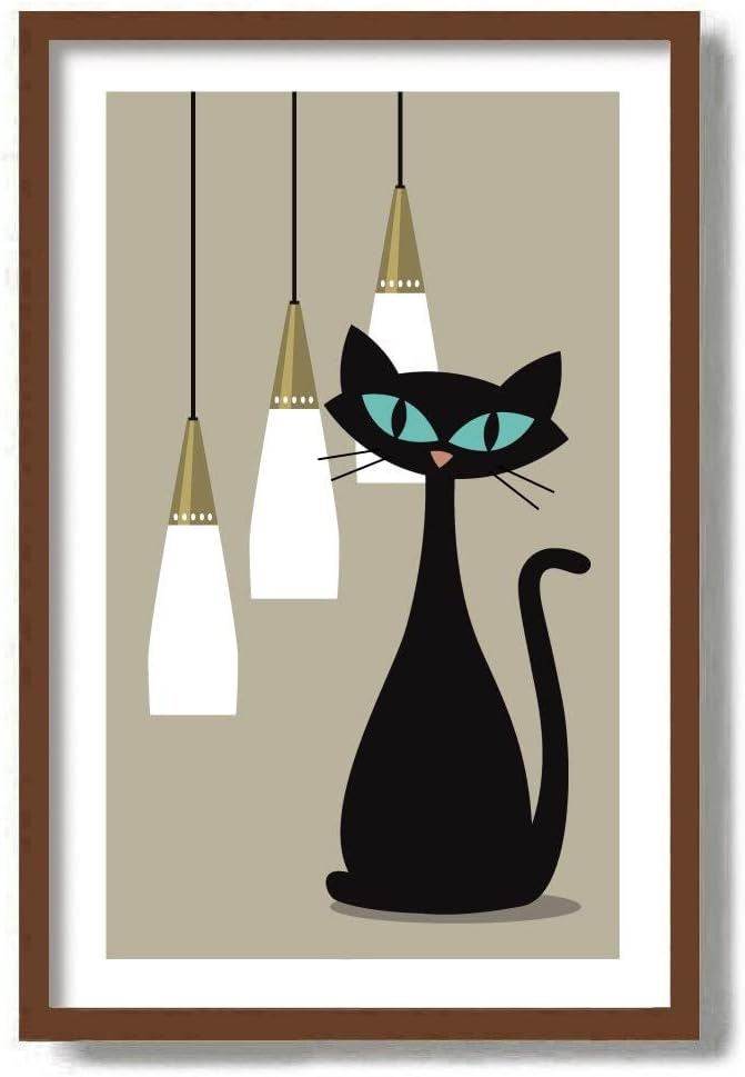 Generic USA Poster Mid Century Modern Black Cat Art Print, Retro Pendent Lamps, Living Room Wall Art, Atomic Art, Cat Lover, Danish Modern, Cat Poster Unframed #534 16x24 Inches, white