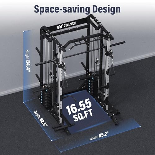 Image of Major Fitness Drone2 Advanced Training Smith Machines- All-in-One Home Gym Squat Rack with Aluminum Pulley Set , Weight Bar, Dual LAT Pull-Down Systems & Cable Crossover Machine for Full-Body Workouts