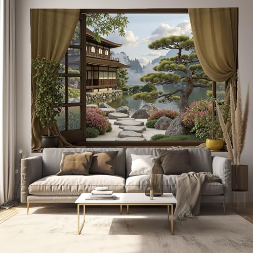 Rideaux tapisserie fenêtre 3D avec motif de jardin japonais vert