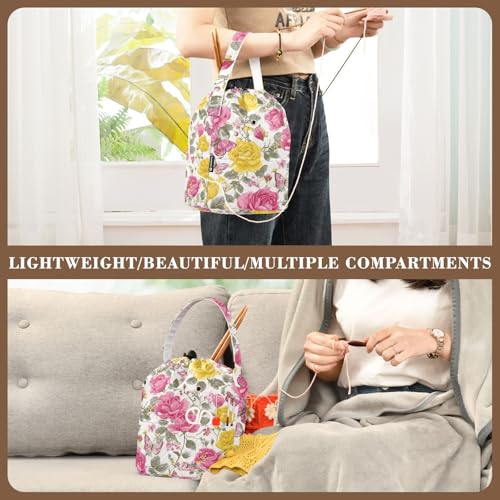 Image of ElliTarr Crochet Bag Yarn Bag with Handle Portable Knitting Project Bag Travel Yarn Storage Organizer Holder Case Groovy Roses and Butterflies