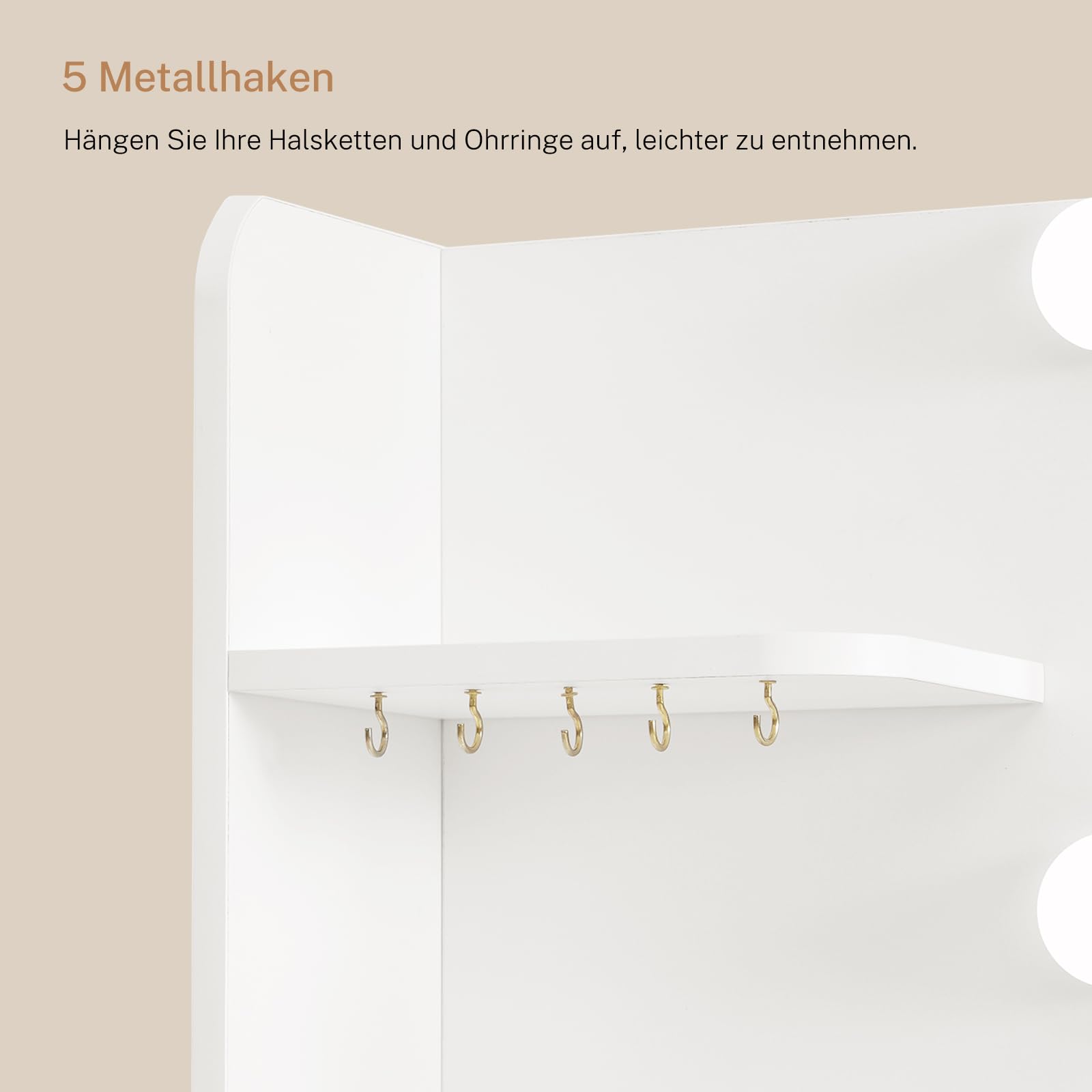 Toeletta da Trucco con Grande Specchio LED, Luci Regolabili in 3 Colori e Luminosità, Scrivania Trucco Moderna con 4 Ripiani Aperti, 5 Ganci per Gioielli e Armadietto, Bianco