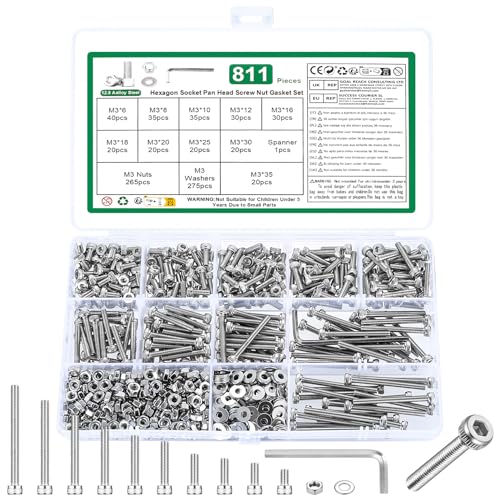 Juego de 811 tuercas y pernos M3, juego de tornillos y tuercas de cabeza hexagonal, surtido de pernos y tuercas y arandelas, juego de tornillos de máquina DIN912, juego de tornillos de cabeza