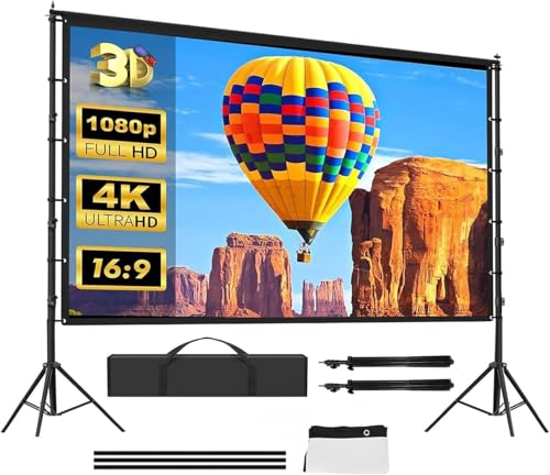 XICEN 150 inch Outdoor Projector Screen with Stand Indoor Portable Projection Screen 16:9 4K HD Wrinkle Free Rear Front Movie Screen with Carry Bag for Backyard Movie Night RVing Home Theater