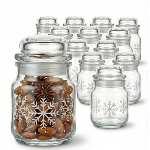 gouveo 12er Set Vorratsgläser 100 ml (0,10 l) Gläser 100 ml mit Glaskorken (Winter Schneeflocken Design) mit passgenauem Glaskorken, Mini Gläser für Gewürze, Adventskalender, Deko (KGSN100GK)