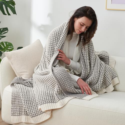 Amélie Home Waffle Chenille Throw Blanket for Couch, Pineapple Stitch Knit Soft Cozy Knit Blanket Decorative Throw for Sofa, Chair, 60"x80", Grey&Ivory