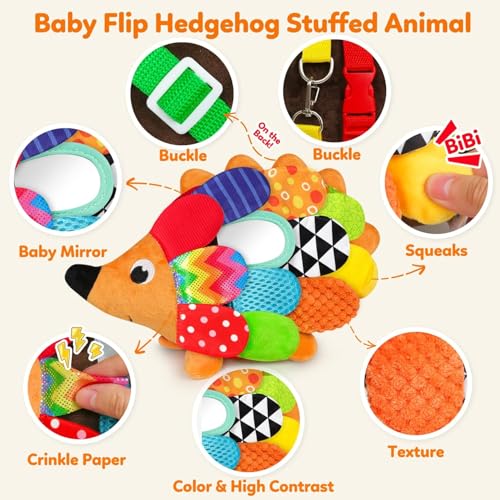 Baby Sensory Hedgehog Tummy Time Toys 0-6 Months, Multi-Textured Squeaking & Crinkling Infant Stuffed Toys for Babies with Baby Mirror, Plush Montessori Gifts for Newborn Boys Girls 3-6 6-12 Months - Image 3
