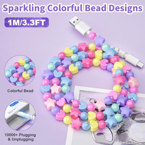 Image of VOFUOE USB to USB C Cable for iPhone 17 Charging Cord Type C Fast Charging Stars Bead Chain Charging Cable for Women 3.3FT for iPhone 16 /15, Galaxy S24 /S25 Ultra, for iPad 11th /10th -Candy Color