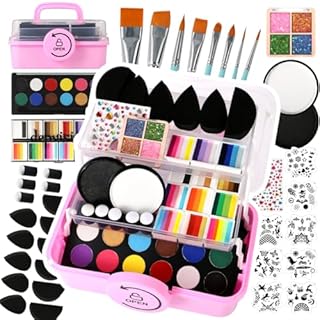 Professional Face Painting kit for Adult Face Painter Depvision 68 Colors Split Cake Face Paint Kit, Non-Toxic Washable Safe Water Based with Brushes Stencils Sponge Gems Glitter for Halloween