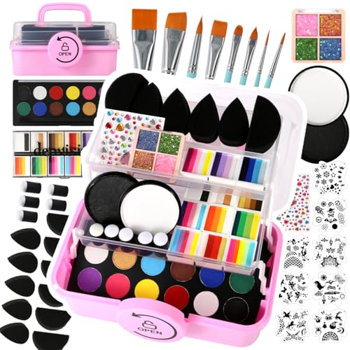 Depvision Kit de peinture professionnelle pour enfants et adultes - 68 couleurs - Non toxique - Lavable - À base d'eau - Avec pinceaux, pochoirs, éponges, pierres précieuses et paillettes pour