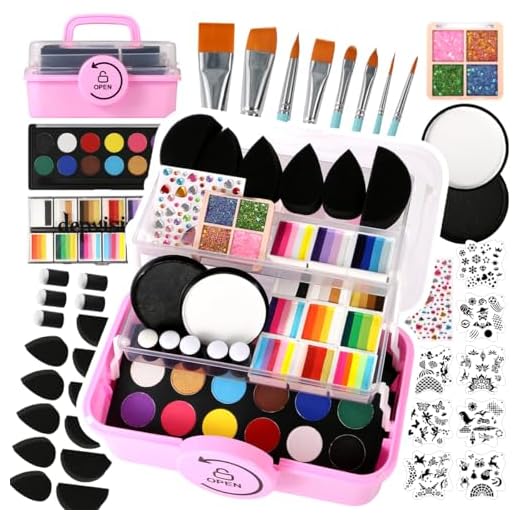 Professional Face Painting kit for Kids Adult Face Painter Depvision 68 Colors Split Cake Face Paint Kit, Non-Toxic Washable Safe Water Based with Brushes Stencils Sponge Gems Glitter for Halloween