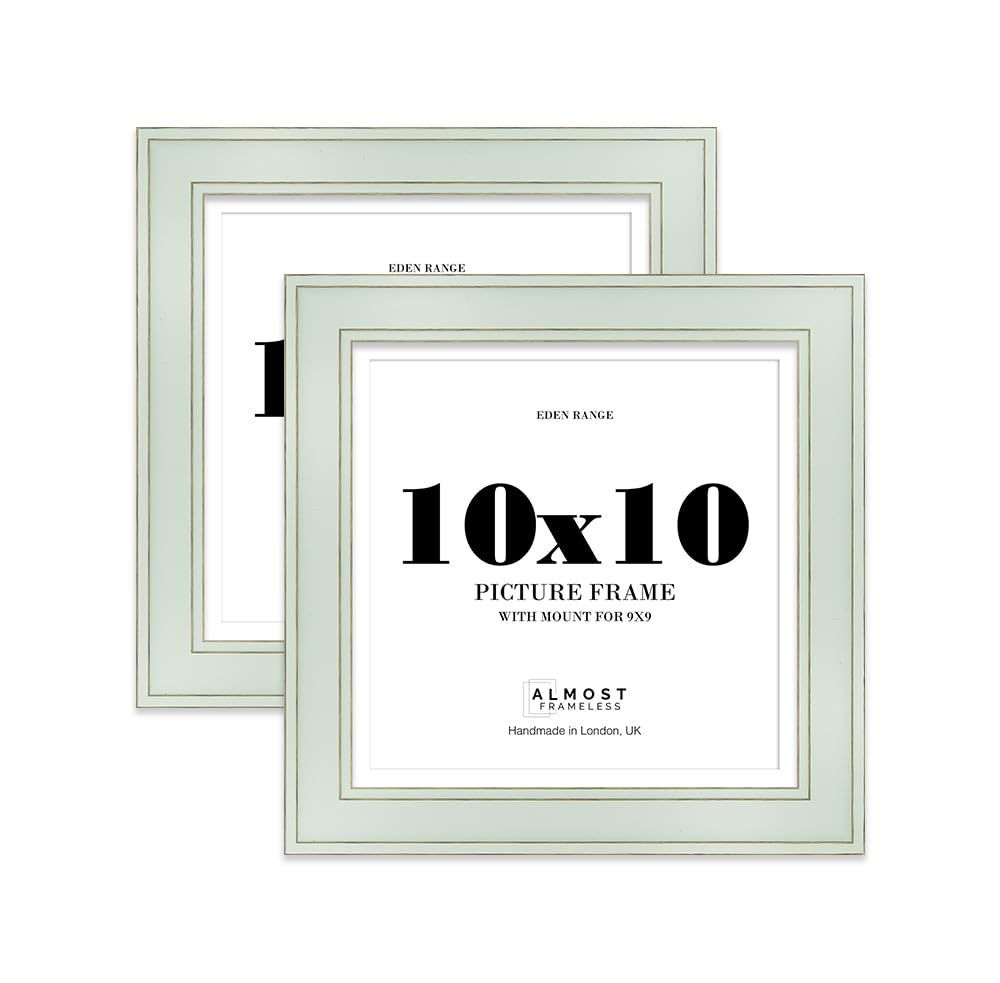 10x10" Sage Green Square Picture Frame with 9x9" Mount - Shabby Chic Photo Frame with Distressed Finish, Gold Trim, Wall Hooks and Kickstand, 37mm Edge - 2 Pack