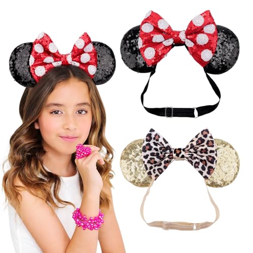 Image of DRESHOW Minnie Ears Headbands Mouse Ears Sequin Bow Headbands Elastic Adjustable Headband Glitter Party Decoration Cosplay Costume for Women