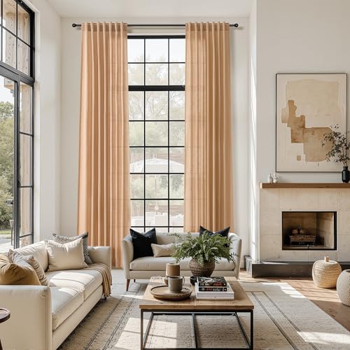 Image of Nanspring Extra Long Linen Curtains 132 Inch for Living Room Camel