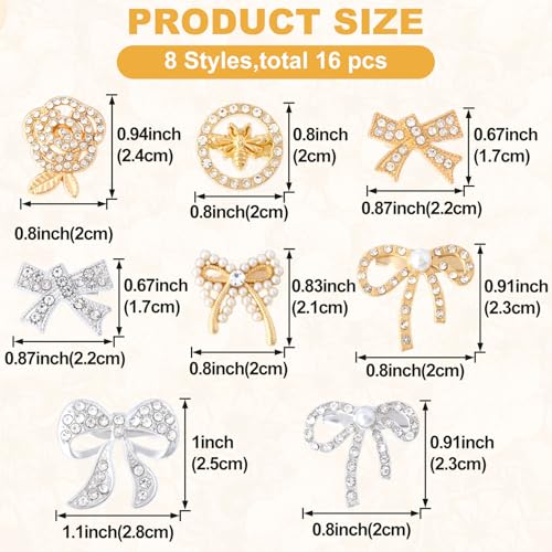 Image of 16pcs Small Brooch Buttons for Women, Pearl Rhinestone Lapel Button, Bow Flower Charms for Clothes Sock Shoes Shirt Dress Shawl Hat Decoration 8 Styles- Gold & Silver
