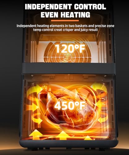 Image of 10QT Dual Layer Air Fryer Oven, 5QTx2 Capacity, Vertical 2-Basket Design, 7-in-1 Function with Broil, Roast, Bake, Reheat, Dehydrate, and Air Fry, Family Size, BPA-Free